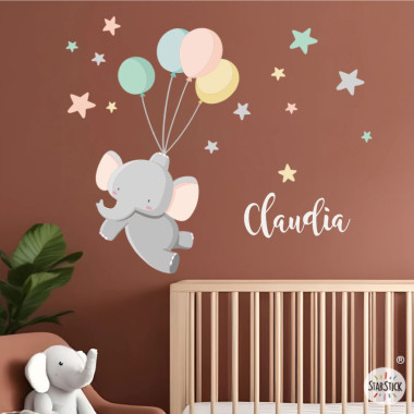 Sticker mural bébé - Éléphant avec des ballons