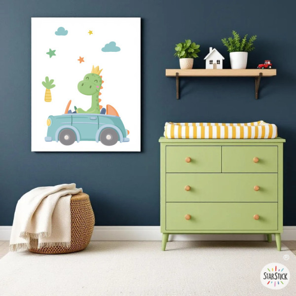 Personalized kids’ print – Dinosaur in a car | Baby room wall decor
