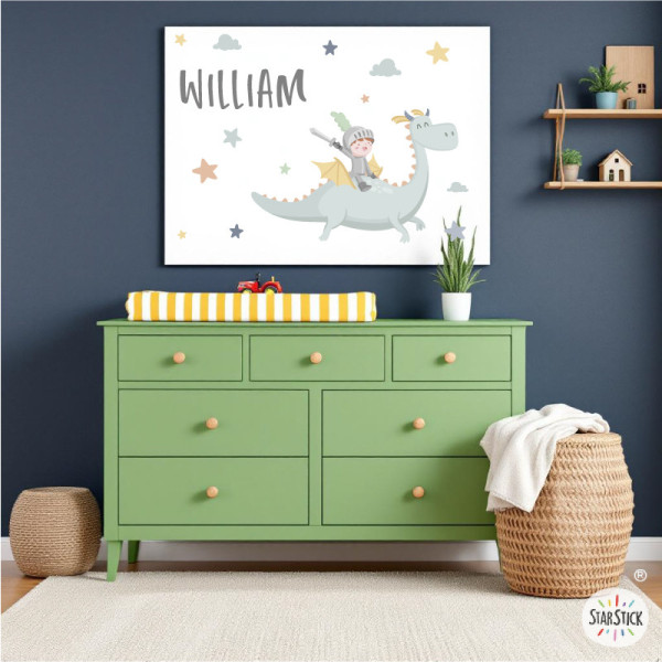 Cuadro Infantil Personalizable Dragón y Caballero Mágico - Decoración Habitación Niños