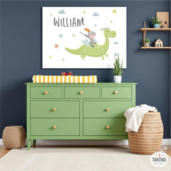 Personalized Kids' Wall Art: Magic Dragon and Knight - Children's Room Decor