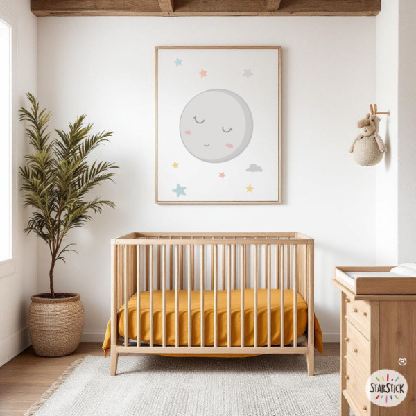 Quadre infantil amb nom. Lluna plena amb estrelles. Decoració d'Habitació per a Nadons i Nens.