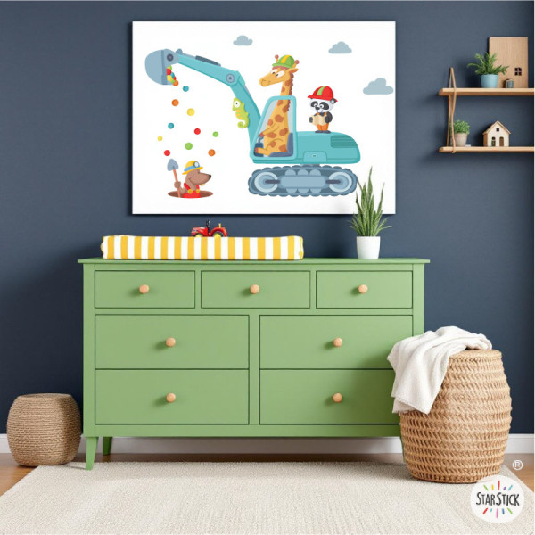 Tableau enfant personnalisé avec prénom : Pelleteuse avec animaux. Idées déco chambre bébé