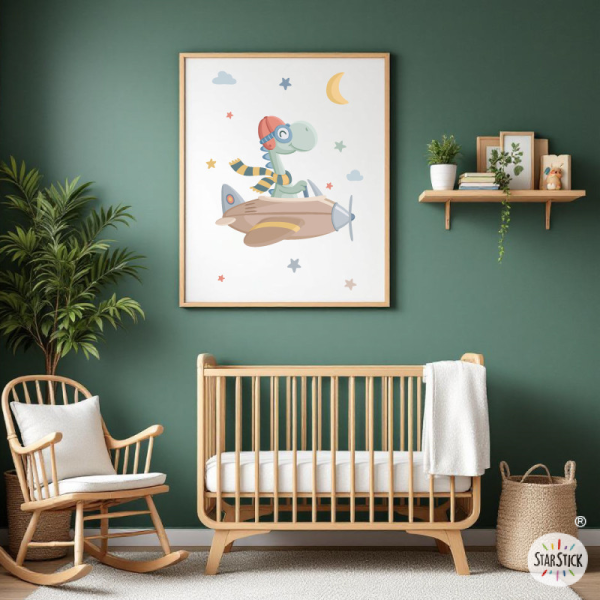 Quadre per a nadó amb nom – Dinosaure volant en avió | Decoració habitació de nadó