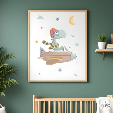 Affiche personnalisée pour bébé – Dinosaure volant en avion | Décoration chambre bébé