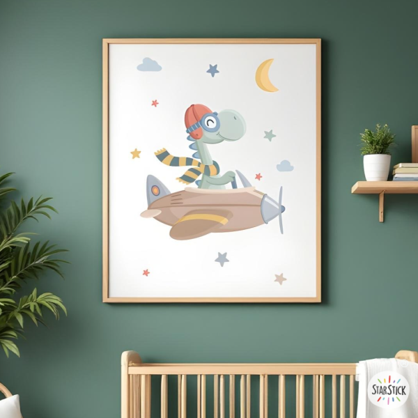 Quadre per a nadó amb nom – Dinosaure volant en avió | Decoració habitació de nadó
