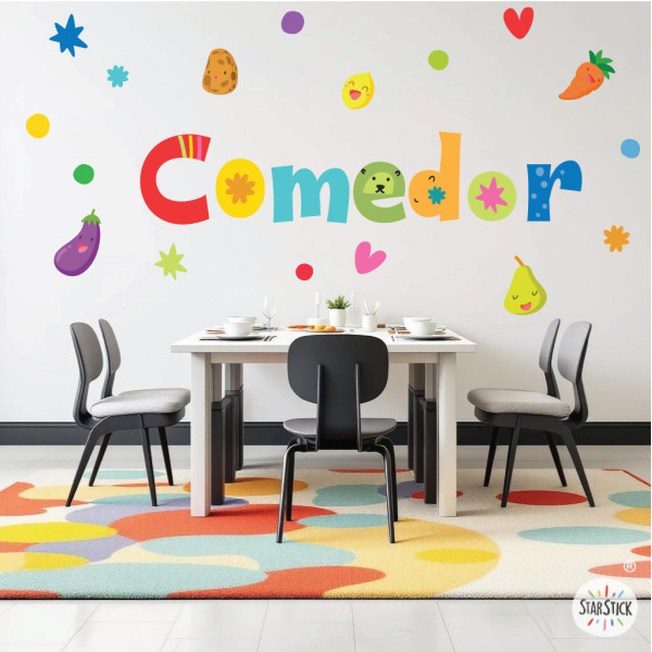 Vinil decoratiu amb text menjador i figures de fruites i verdures per a escoles