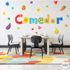 Vinil decoratiu amb text menjador i figures de fruites i verdures per a escoles