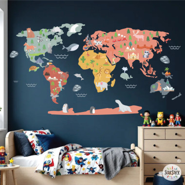 Vinilo Infantil Mapamundi Mundo Feliz en Ocre | Decoración Educativa Infantil