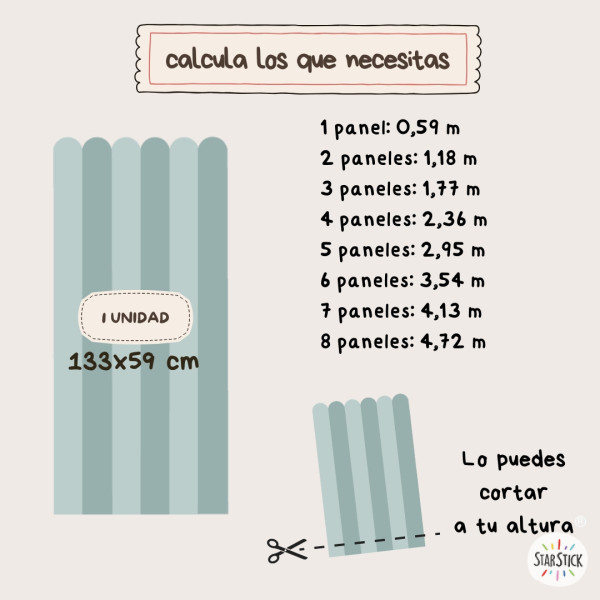 Panel de pared con rayas y borde festoneado | Papel pintado autoadhesivo | Zócalo decorativo