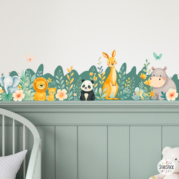 Sanefa infantil autoadhesiva animals de la selva per a paret, vinil decoratiu habitació nens