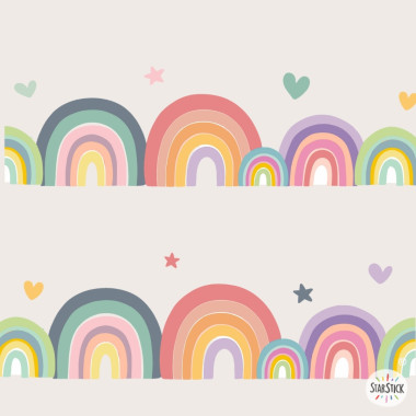 Cenefa infantil arcoíris, estrellas y corazones | Autoadhesiva | Decoración pared habitación niña