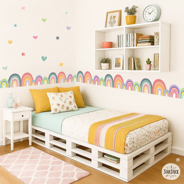 Cenefa infantil arcoíris, estrellas y corazones | Autoadhesiva | Decoración pared habitación niña