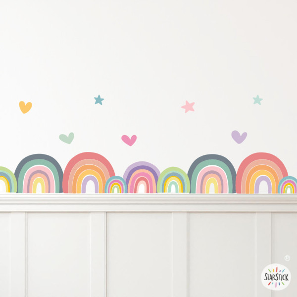 Cenefa infantil arcoíris, estrellas y corazones | Autoadhesiva | Decoración pared habitación niña