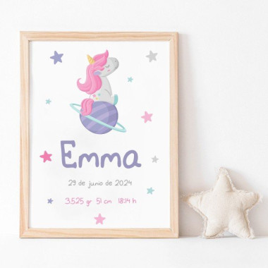 Natalicio - Modelo Unicornio soñador - Cuadros y láminas personalizables para bebés