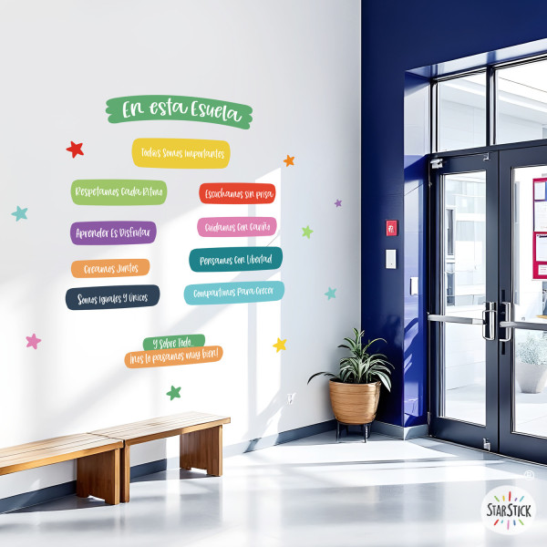 School decoration with wall decals | Rules and values in different languages | Classroom and hallway walls
