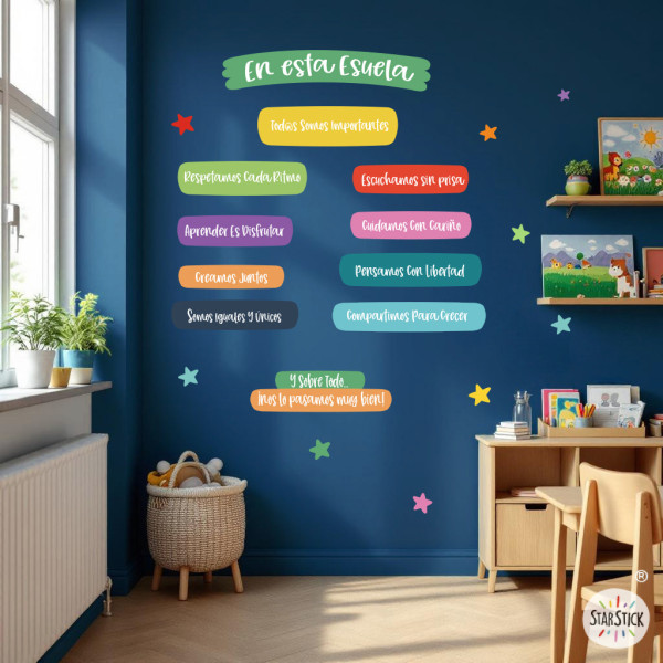 Décoration scolaire avec autocollants muraux | Règles et valeurs en différentes langues | Murs de salles de classe