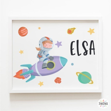 Lámina infantil - Niña con cohete - Ideas para habitaciones de niñas