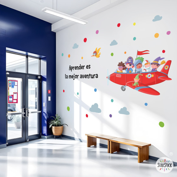 School decoration. Airplane stickers with storybook characters for educational centers