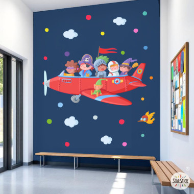 School decoration. Airplane stickers with storybook characters for educational centers