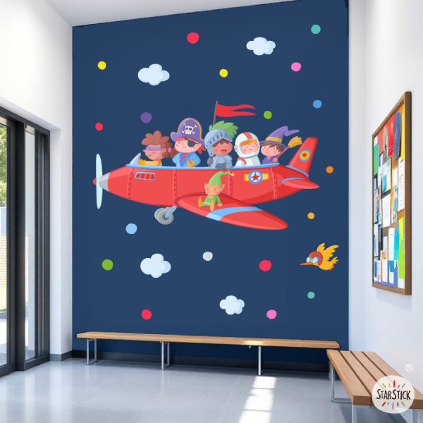 School decoration. Airplane stickers with storybook characters for educational centers
