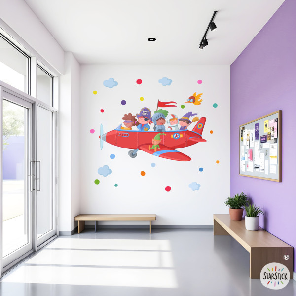 School decoration. Airplane stickers with storybook characters for educational centers