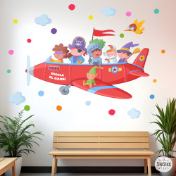 Vinilo escolar de avión con personajes de cuentos infantiles, nubes y elementos decorativos para aulas y pasillos