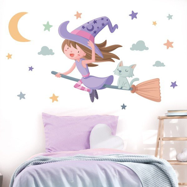 Vinilo infantil - Bruja voladora niña - Decoración habitaciones de niñas