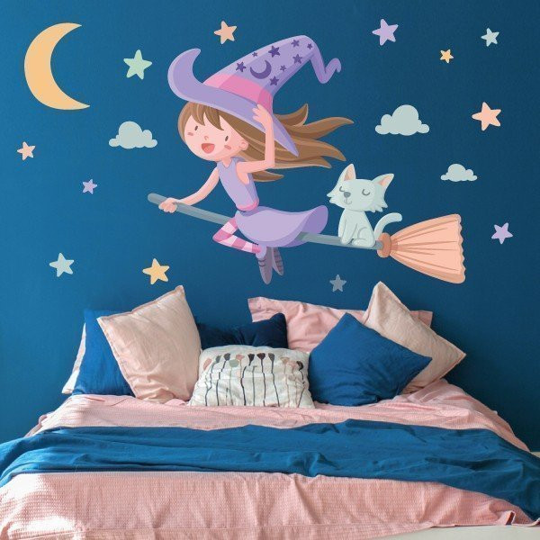 Vinyle enfant - Fille sorcière volante - Décoration chambre fille