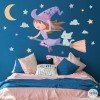 Vinyle enfant - Fille sorcière volante - Décoration chambre fille