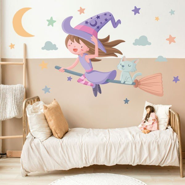 Vinilo infantil - Bruja voladora niña - Decoración habitaciones de niñas