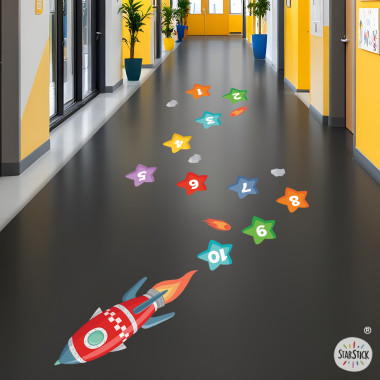 Rayuela infantil Cohete y Estrellas | Juego de suelo educativo | Vinilo adhesivo resistente para decorar colegios