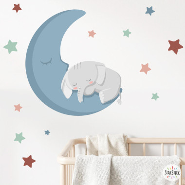 Vinilo infantil bebé elefante en la luna, pegatina adhesiva decorativa de pared para habitación de bebé o dormitorio infantil.