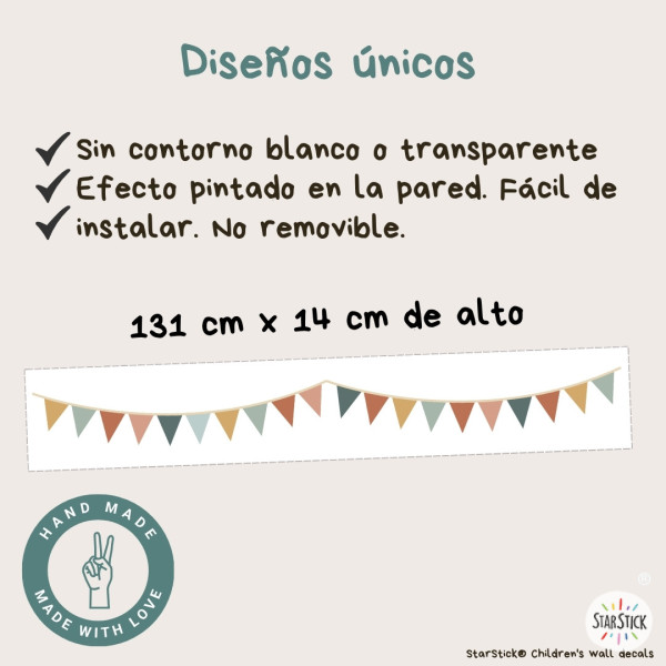 Cenefa autoadhesiva amb banderins tons Boho | Fàcil de col·locar | Decoració de parets divertida