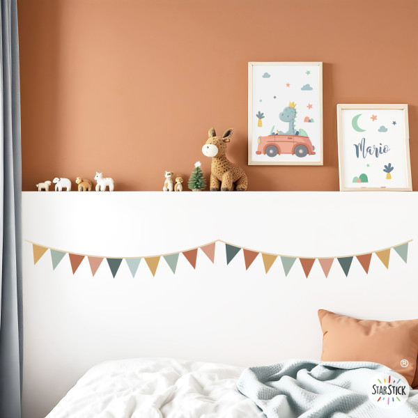 Sanefa autoadhesiva amb banderins tons Boho | Fàcil de col·locar | Decoració de parets divertida