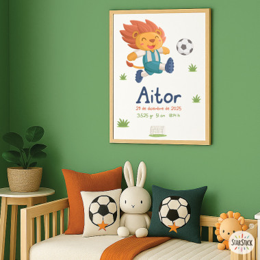 Lámina de nacimiento bebé – León futbolista | Regalo original y tierno para recién nacidos