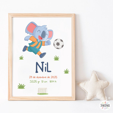 Lámina nacimiento personalizada Koala futbolista | Cuadro natalicio