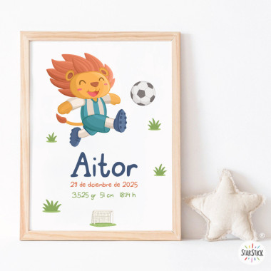 Lámina de nacimiento bebé – León futbolista | Regalo original y tierno para recién nacidos