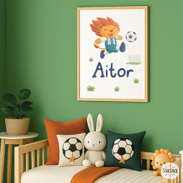 Personalized kids wall art – Footballer Lion | Unique decoration for children