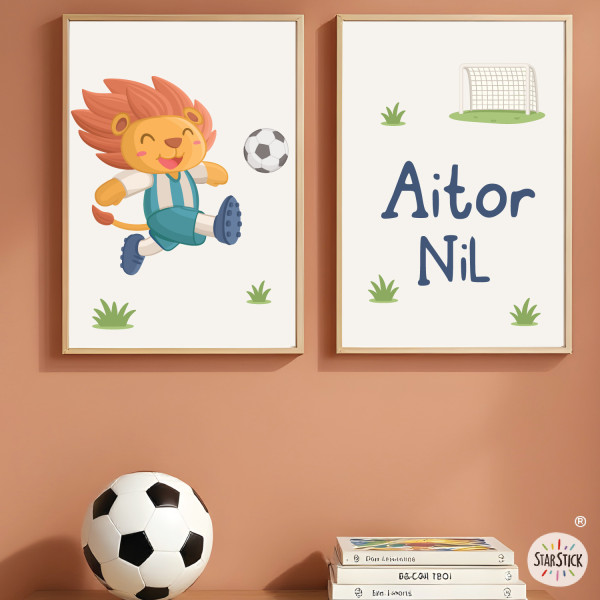 Pack de 2 quadres infantils personalitzats | Lleó futbolista