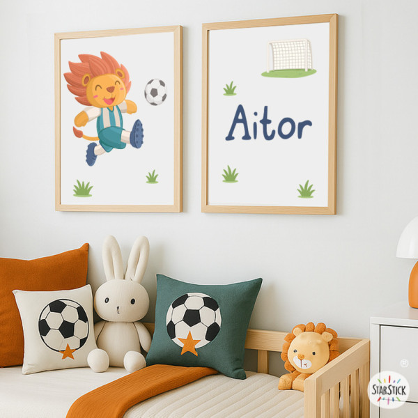 Set of 2 personalized kids’ wall prints | Footballer Lion