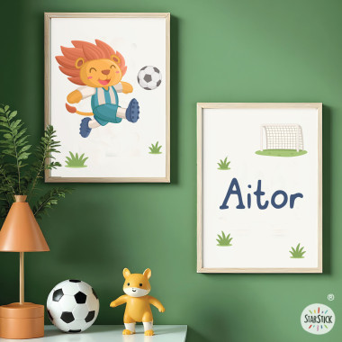 Set of 2 personalized kids’ wall prints | Footballer Lion