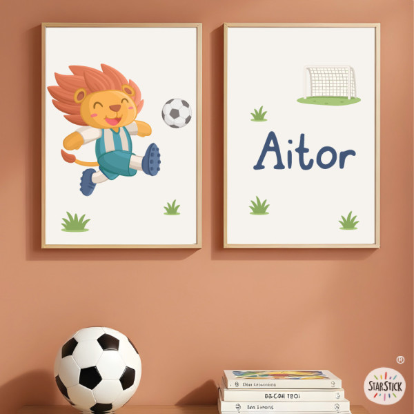 Set of 2 personalized kids’ wall prints | Footballer Lion