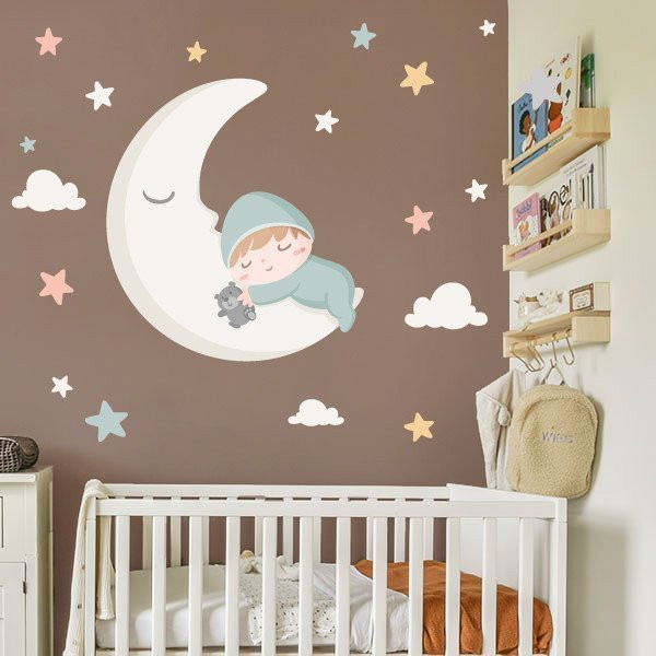 Vinilo Bebé en la luna. Aquamarina - Decoración habitación infantil