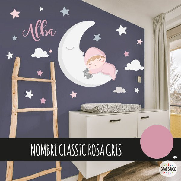 Vinilo Bebé en la luna. Rosa - Productos decoración infantil