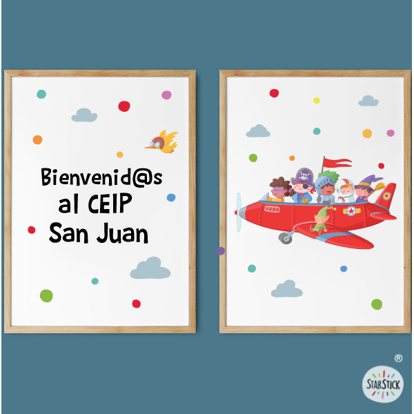 Decoració escolar infantil | Pack de 2 quadres Avió amb personatges de contes