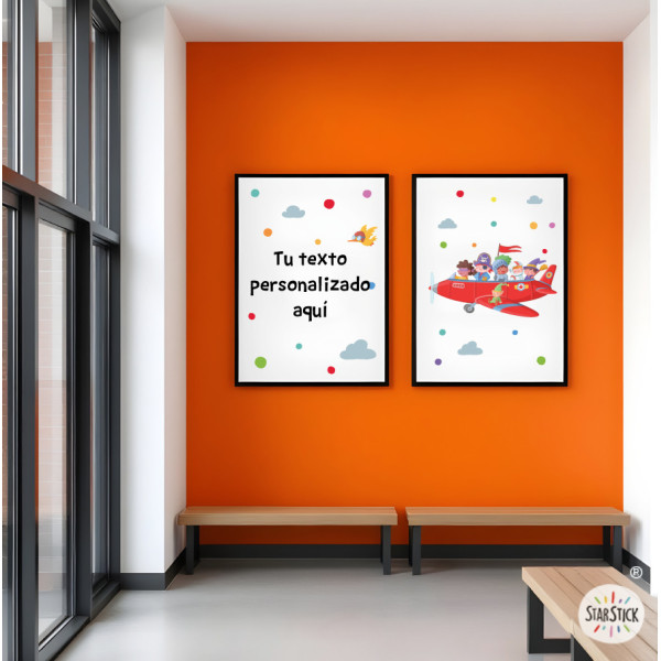 Decoració escolar infantil | Pack de 2 quadres Avió amb personatges de contes