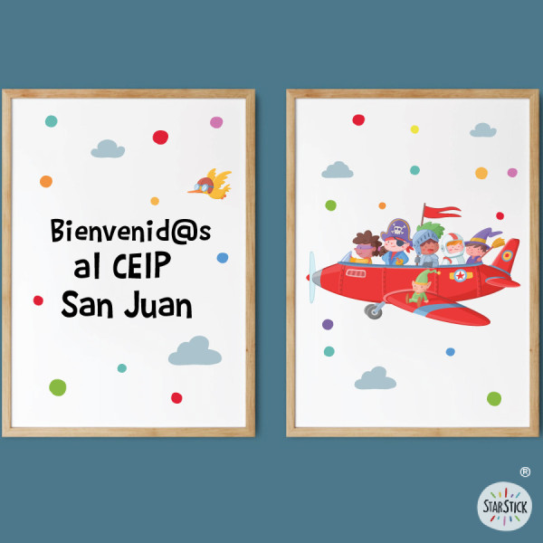 Decoració escolar infantil | Pack de 2 quadres Avió amb personatges de contes
