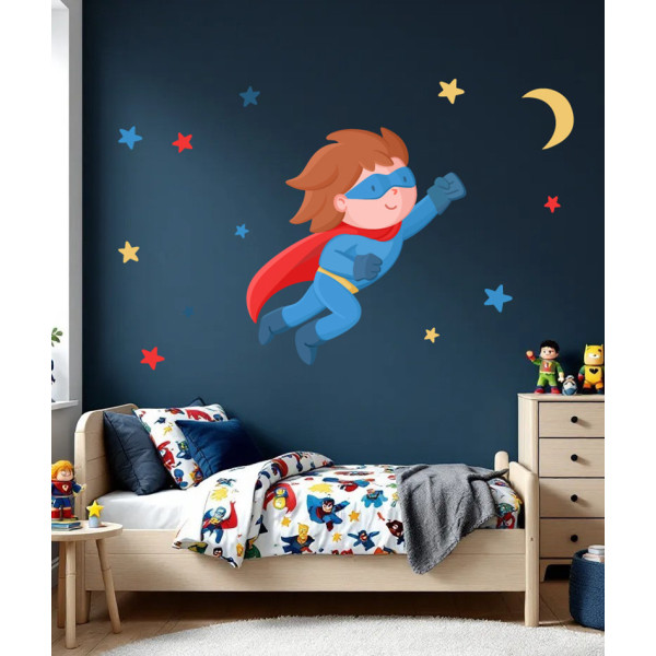 Vinilo infantil decorativo para niños y bebés – Superhéroe niño volador para pared de habitación, dormitorio o guardería