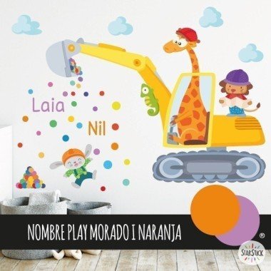 Vinyles originaux et amusants pour enfants et bébés - Excavatrice avec animaux - Vinyle décoratif pour enfants