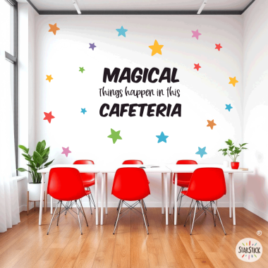 Vinilo decorativo para comedor escolar con el texto “En este comedor pasan cosas mágicas”, idioma a elegir